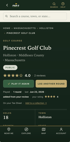A Par-5 course page on an iPhone for a course this golfer has already played, showing its four-star rating, the buttons in their played state — Play It Again and Log Another Round — and a line reading “Played · 1 round · last Jun 23, 2026”