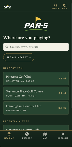 The Par-5 Near me screen on an iPhone, listing the closest golf courses with the distance to each