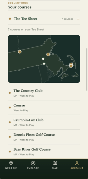 The Tee Sheet on an iPhone, listing the courses marked Want to Play