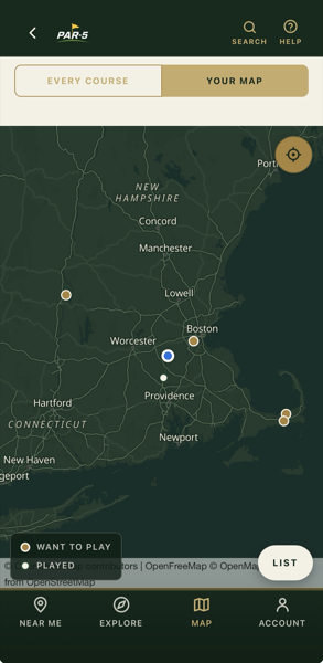 Your Map on an iPhone with the Your Map tab selected, showing one golfer’s own pins over southern New England — gold Want to Play markers and a white Played marker, with a legend naming both